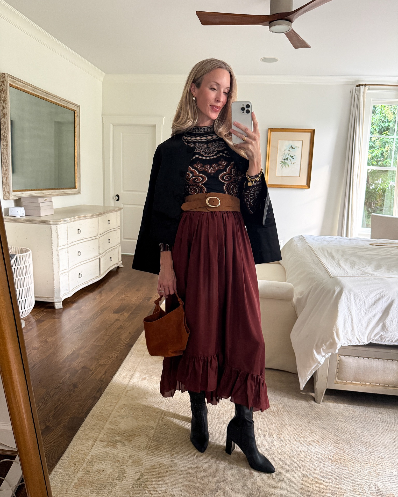 Styling a silk maxi skirt for later 🤎 S Farm Rio bodysuit via @Shopbop , 0 burgundy skirt, 2 @Reformation satin jacket — everything else is old, similar linked for all!

#LTKgrwm #LTKootd #LTKSeasonal