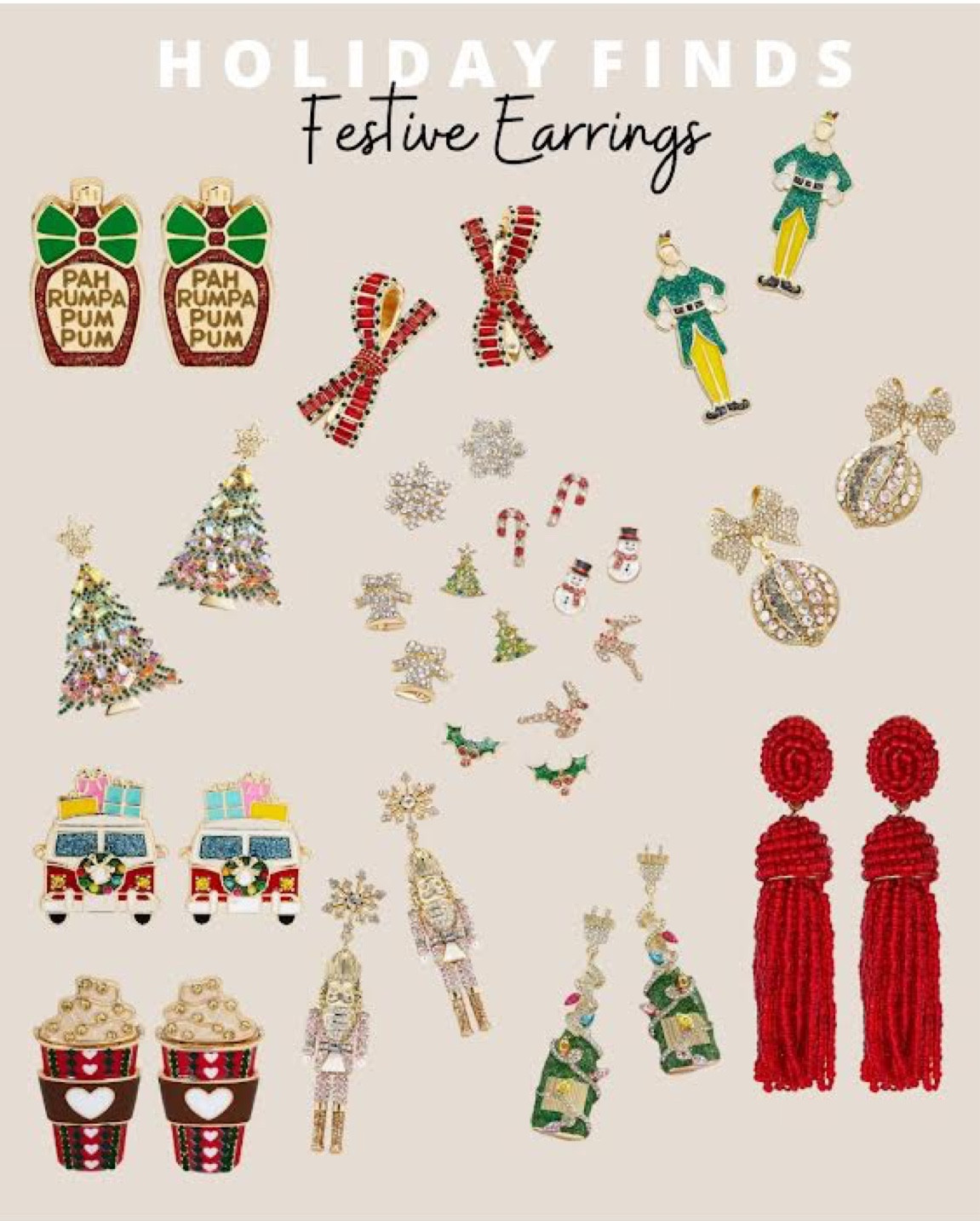 Festive earrings: rum bottle earrings, film bow earrings, elf earrings, bow ornament earrings, mini Christmas stud earring set, red beaded drop earrings, christmas lights champagne bottle earrings, nutcracker earrings, festive coffee earrings, Christmas car earrings, Christmas tree earrings

#LTKSeasonal #LTKstyletip #LTKHoliday