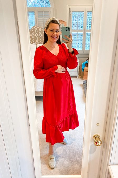 Holiday dresses! Loving this smocked ruffle midi dress for the holidays. Under $30 and great quality find! Gives me Tuckernuck & Nap dress vibes! *Wearing size medium (a little big on me but room for the growing bump). 

Holiday outfit. Holiday dresses. Amazon dresses. Smocked long sleeve dress. Red dress. Midi dress. Smocked dress. Christmas outfit. Christmas dress. Buckle mules. Bump friendly outfit. Maternity dress. Maternity outfit. 


#LTKHoliday #LTKunder50 #LTKbump