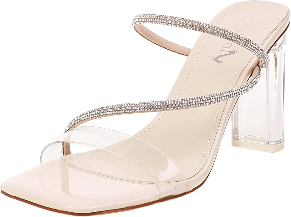 vivianly Womens Square Toe Clear Rhinestone Strappy Heeled Sandals Transparent Block High Heels S... | Amazon (US)
