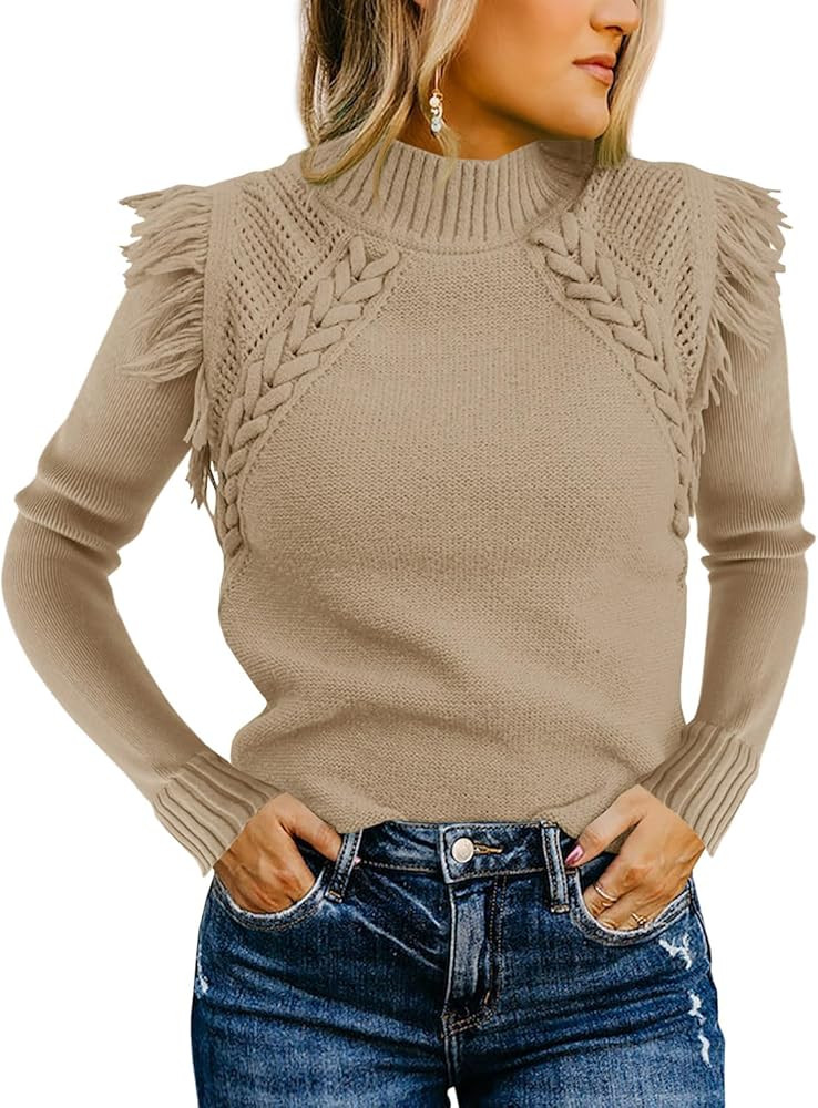 Saodimallsu Womens Cable Knit Sweaters Mock Neck Fringe Fitted Long Sleeve Boho Trendy Pullover T... | Amazon (US)