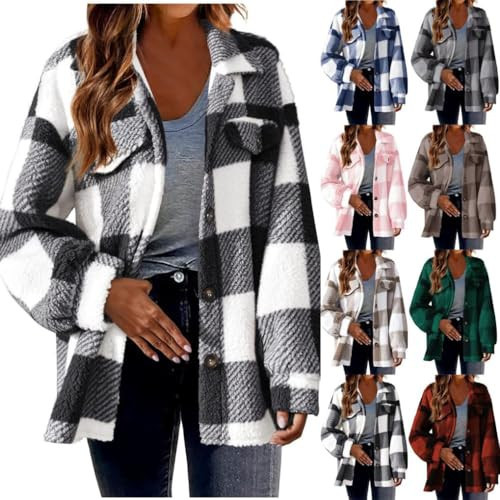 EWASWON Womens Fleece Plaid Shackets Lapel Button Down Jackets Casual Long Sleeve Flannel Shirts Trendy Clothes Fall Winter womens flannel Black XL | Amazon (US)