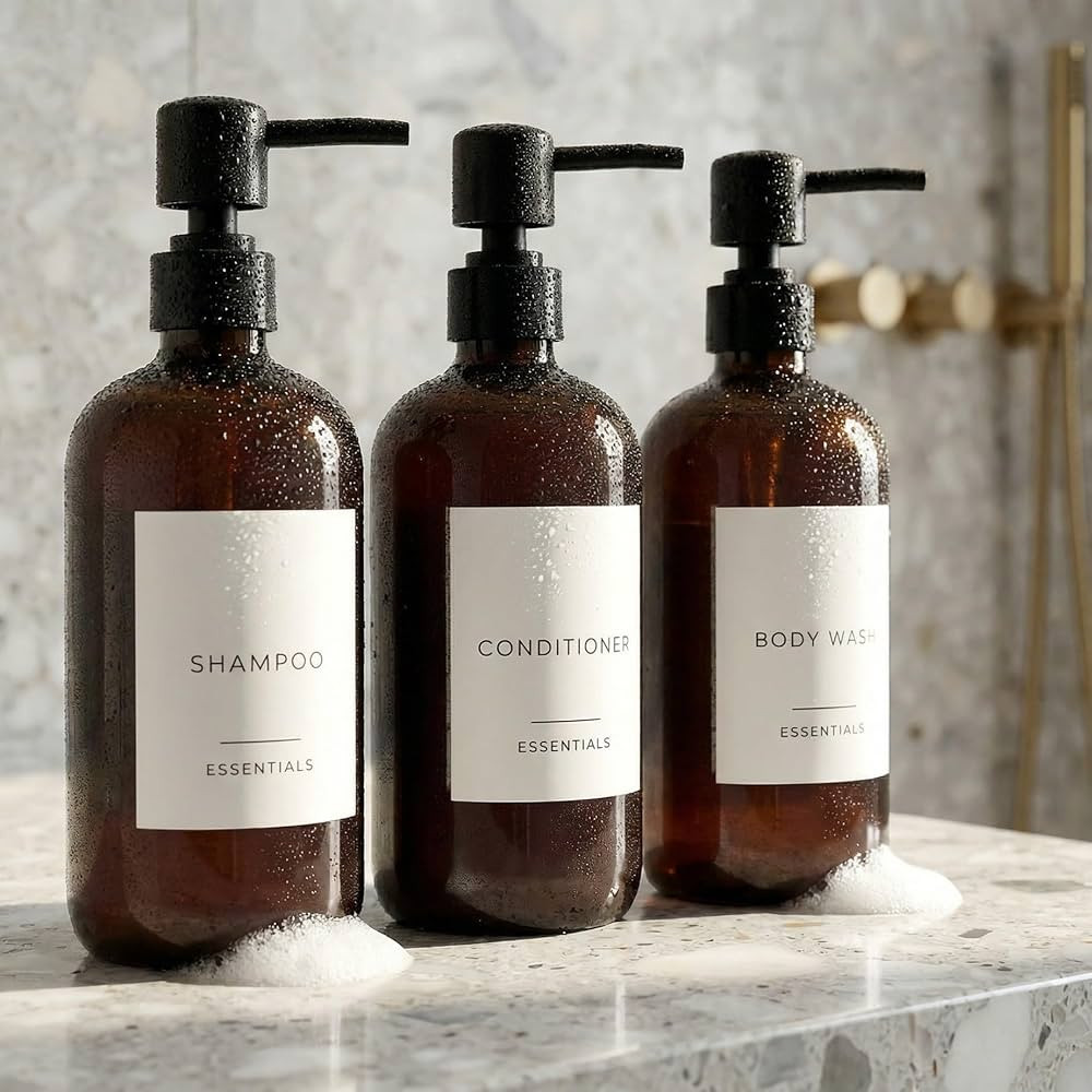 Stylish Shampoo and Conditioner Dispenser Set of 3 - Modern 21oz Shower Soap PET Bottles with Pum... | Amazon (US)