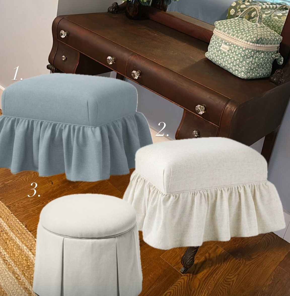 Ottoman options for my new vanity! Such a great FB marketplace find  