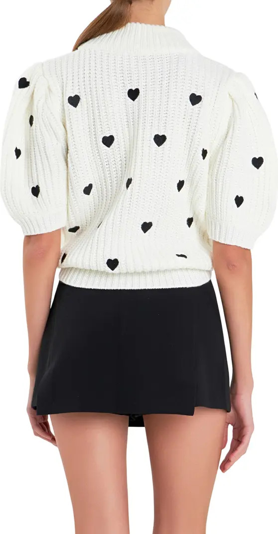 English Factory Heart Embroidered Puff Sleeve Sweater | Nordstrom | Nordstrom