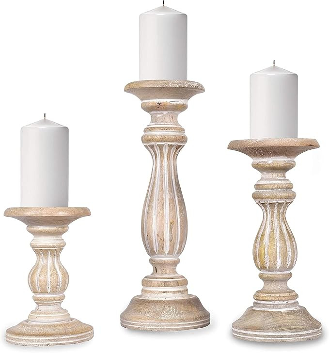 Mela Artisans Whitewashed Hand Carved Wooden Pillar Candle Holders - Set of 3 | Hana Decorative S... | Amazon (US)