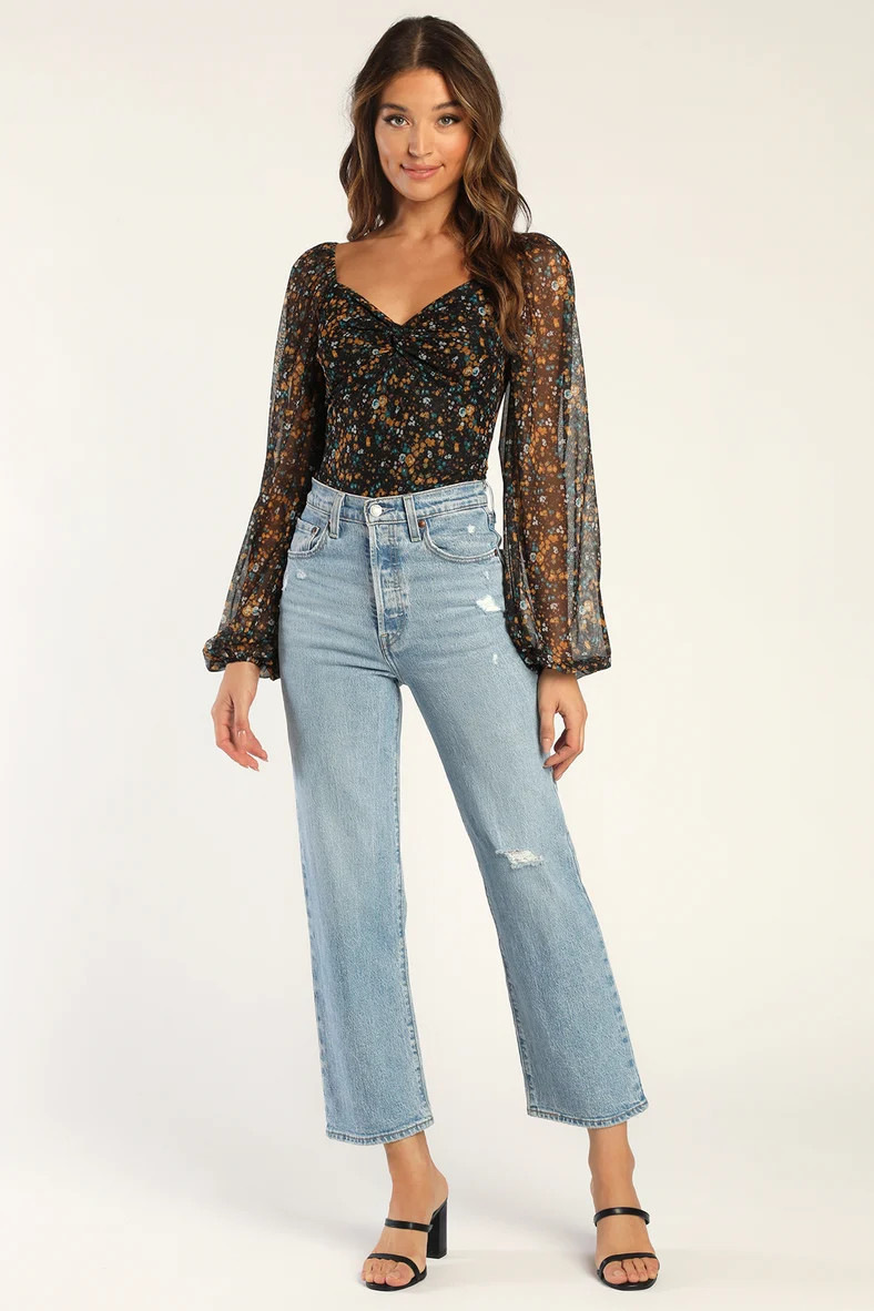 Sweet Beauty Black Floral Print Knot-Front Bodysuit | Lulus