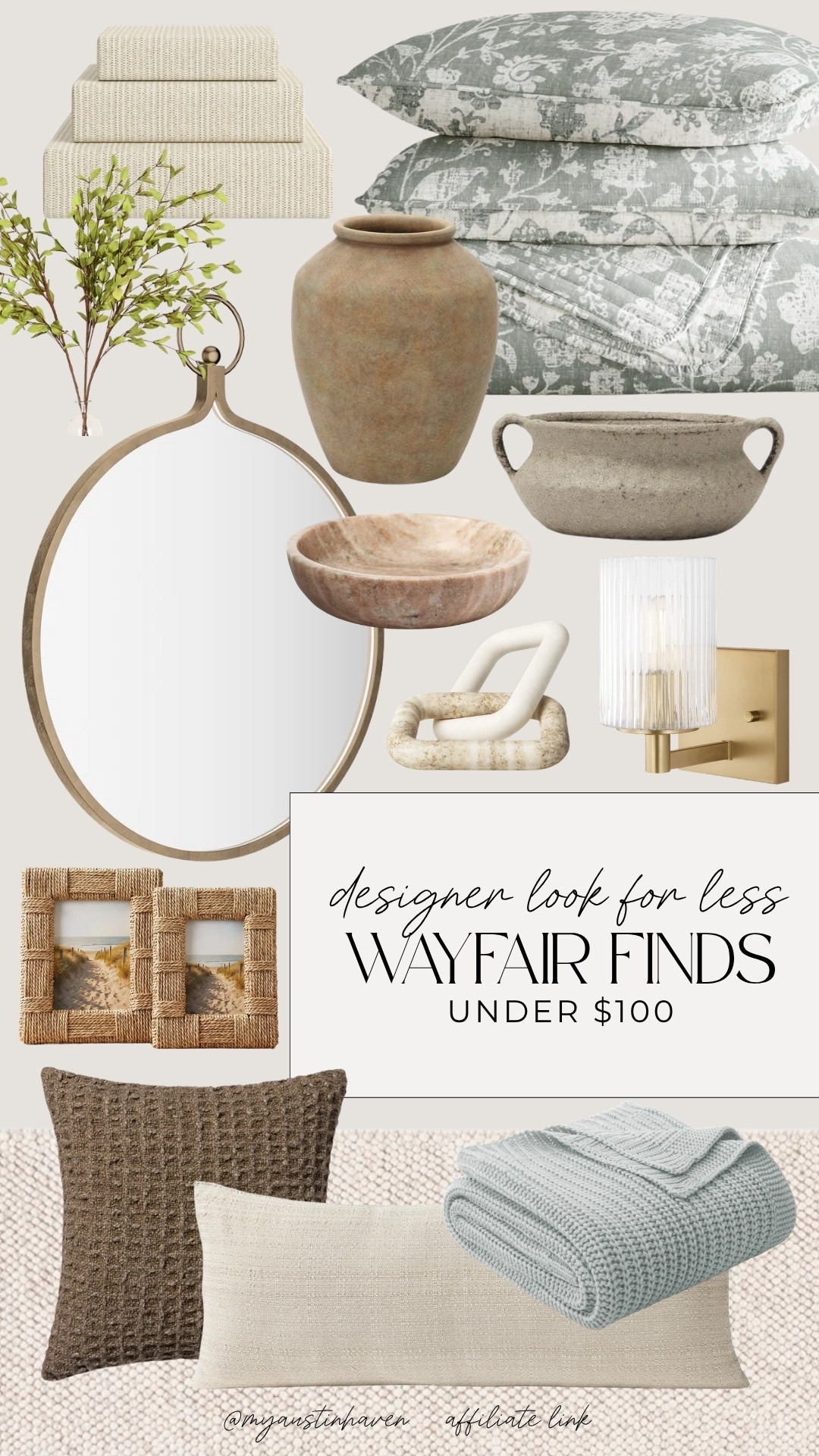 Designer-inspired Wayfair finds under $100. 🤎 Woven textures and aged finishes make it easy to add a collected, elevated look without overspending.

Wayfair home finds, decor under $100, designer look for less, mcgee style decor, pottery barn inspired, blue floral bedding, woven storage boxes, vintage vase, round wall mirror, brass wall sconce, decorative bowl, textured pillows, knit throw blanket, rattan picture frames, neutral home accents, affordable interior refresh