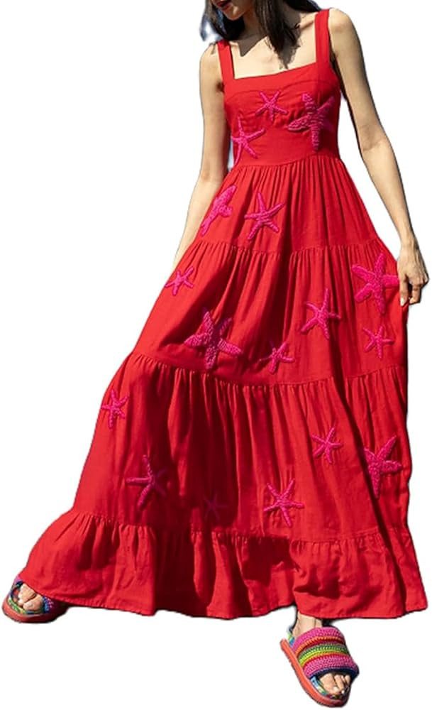 Women Embroidered Maxi Dress Sleeveless Smocked Flowy Sundress Boho Summer Long Dresses Beach Voc... | Amazon (US)