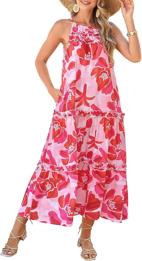 GRACE KARIN Women's Maxi Boho Dress Casual Summer Loose Long Floral Sundresses Flowy Halter Tiere... | Amazon (US)
