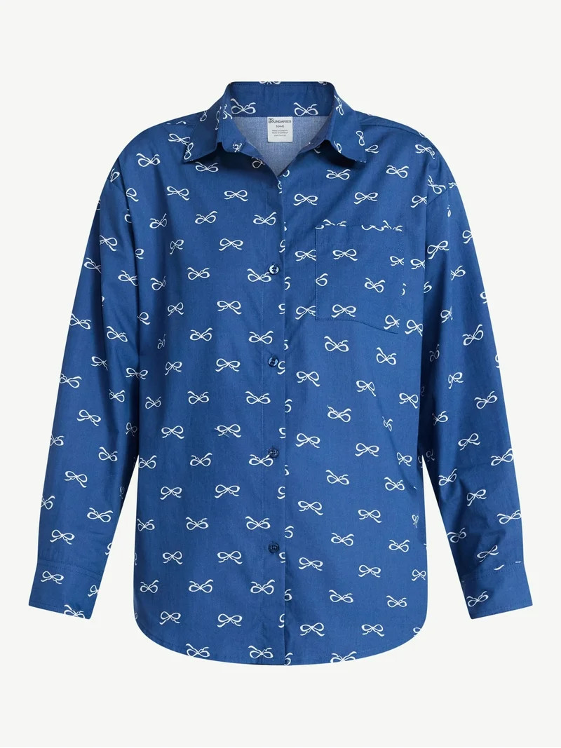 No Boundaries Sleepwear Woven Cotton Button-Down Shirt, Women's XS-XXL | Walmart (US)
