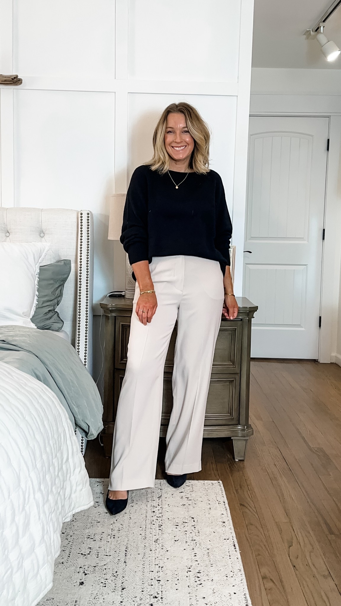 Large cashmere boatneck sweater and tts 29 trousers! Not see through but not double lined either   

#LTKMidsize #LTKWorkwear #LTKootd