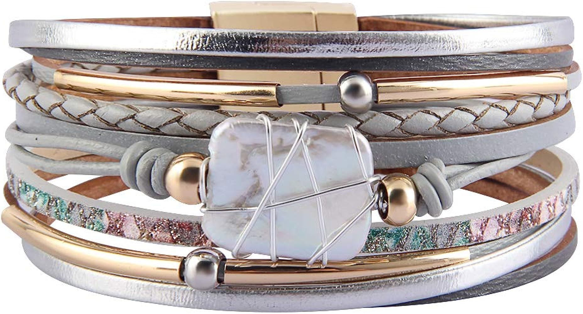 Leather Wrap Cuff Bracelet Pearl and Gold | Amazon (US)