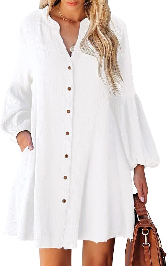 HAPCOPE Women's Button Down Shirt Dress Long Sleeve Beach Cover Ups Casual Mini Dresses with Pock... | Amazon (US)