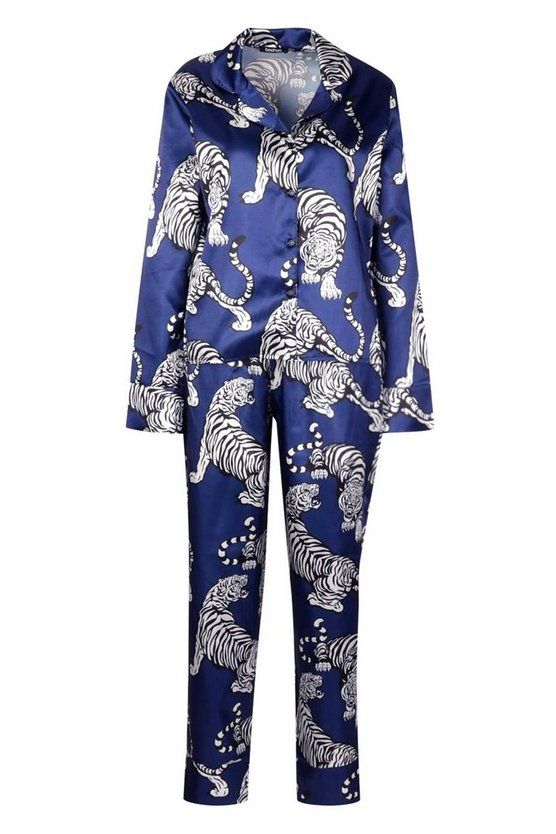 Tiger Print Satin Button Through Pj Pants Set | Boohoo.com (US & CA)