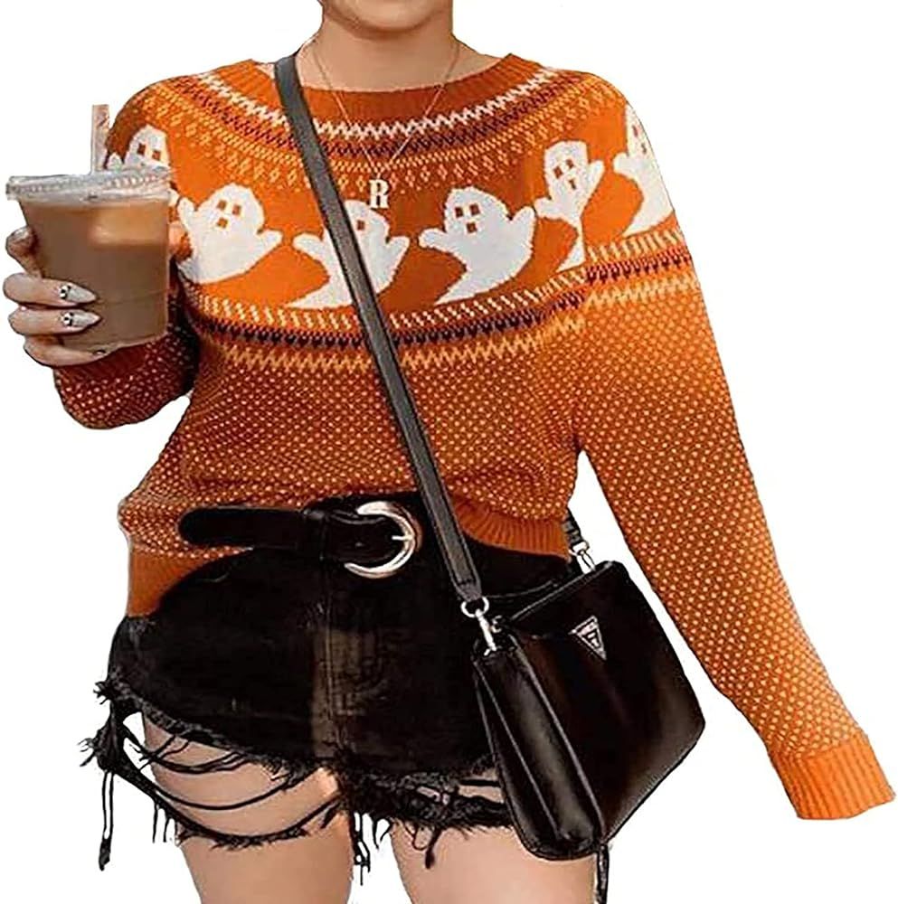 Halloween Knitted Sweater for Women With Cute Ghost Pattern Gothic Streetwear with Long Sleeves for  | Amazon (US)