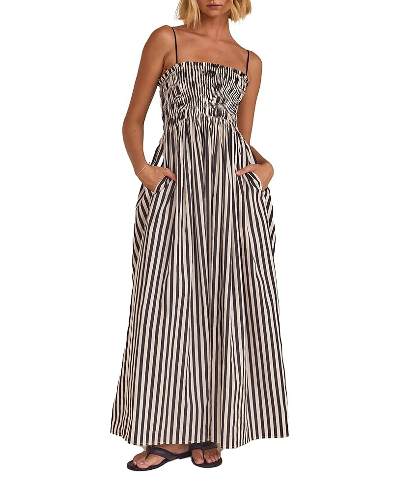 CORIRESHA Women's Striped Maxi Smocked Dress Sexy Spaghetti Strap Flowy Swing Dresses with Pocket... | Amazon (US)