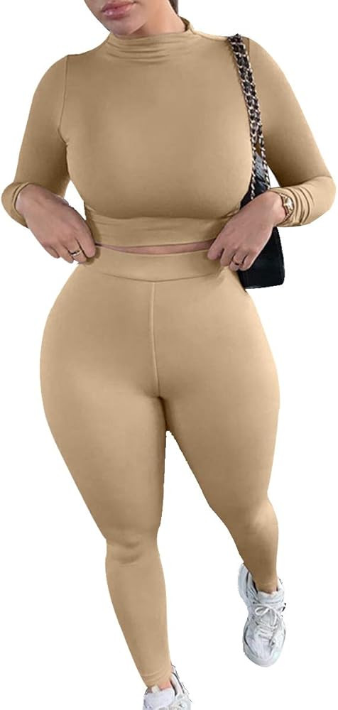 Mulisky Women’s Casual 2 Piece Outfits Sexy Bodycon Long Sleeve Crop Top with Long Pants Tracks... | Amazon (US)