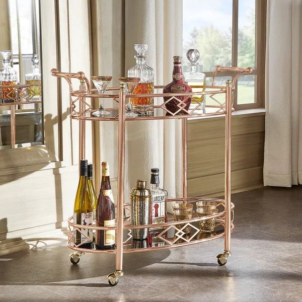 Metropolitan Rose Gold Metal Mobile Bar Cart with Black Glass Top by iNSPIRE Q Bold | Bed Bath & Beyond