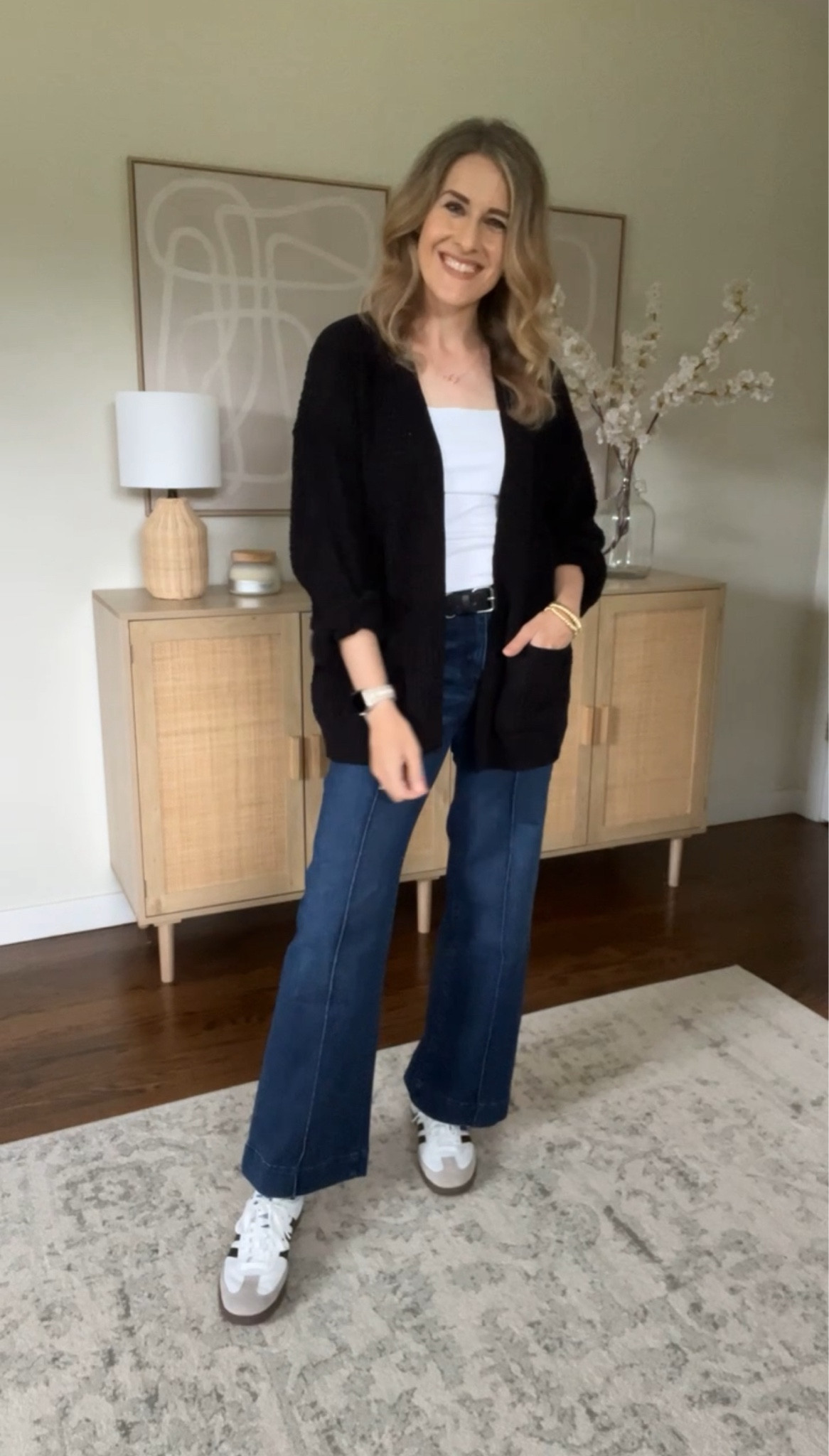 Walmart high rise wide leg jeans $22, available in short or long. Wearing my usual size 6, if between you can size down. 
Cardigan size medium
Tank top size medium

#LTKOver40 #LTKFindsUnder50 #LTKWorkwear