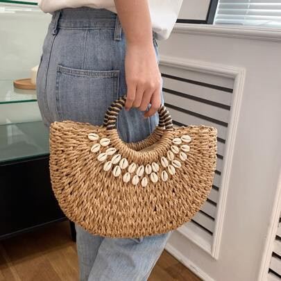 2025 Fashion Hollow Straw Shell Bag, Handwoven Semi-Circle Tote Handbag, Suitable For Beach, Holiday, Daily Use, Travel, Parties, Gift For Women | SHEIN