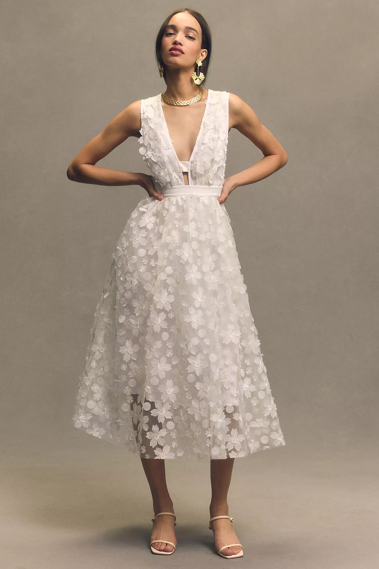 BHLDN Stevie Sleeveless V-Neck Floral Appliqué A-Line Midi Dress | Anthropologie (US)