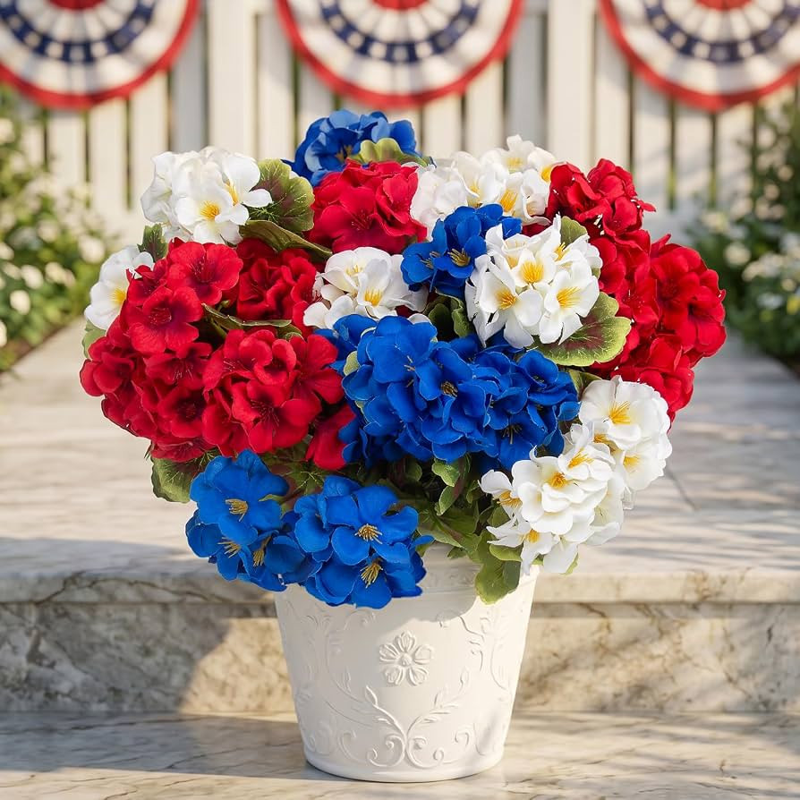 lovemoon 8 Pcs Artificial Geraniums Realistic Silk Patriotic Flowers, Red White Blue Faux Geraniu... | Amazon (US)