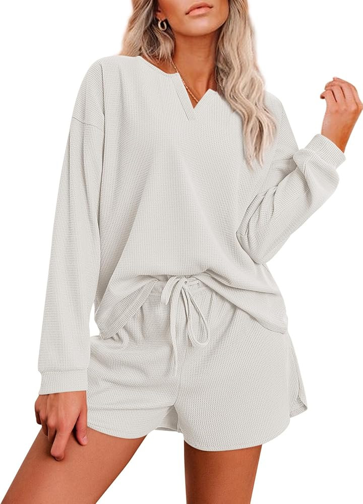 Ekouaer Pajama Set for Women Waffle Knit Lounge Sets Long Sleeve Top and Shorts Sleepwear Matchin... | Amazon (US)