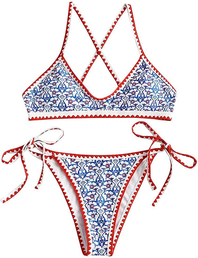 ZAFUL Women's Bohemian Swimsuit Strappy Tie Side Bikini Set Triangle Cheeky String Brazilian Swim... | Amazon (US)