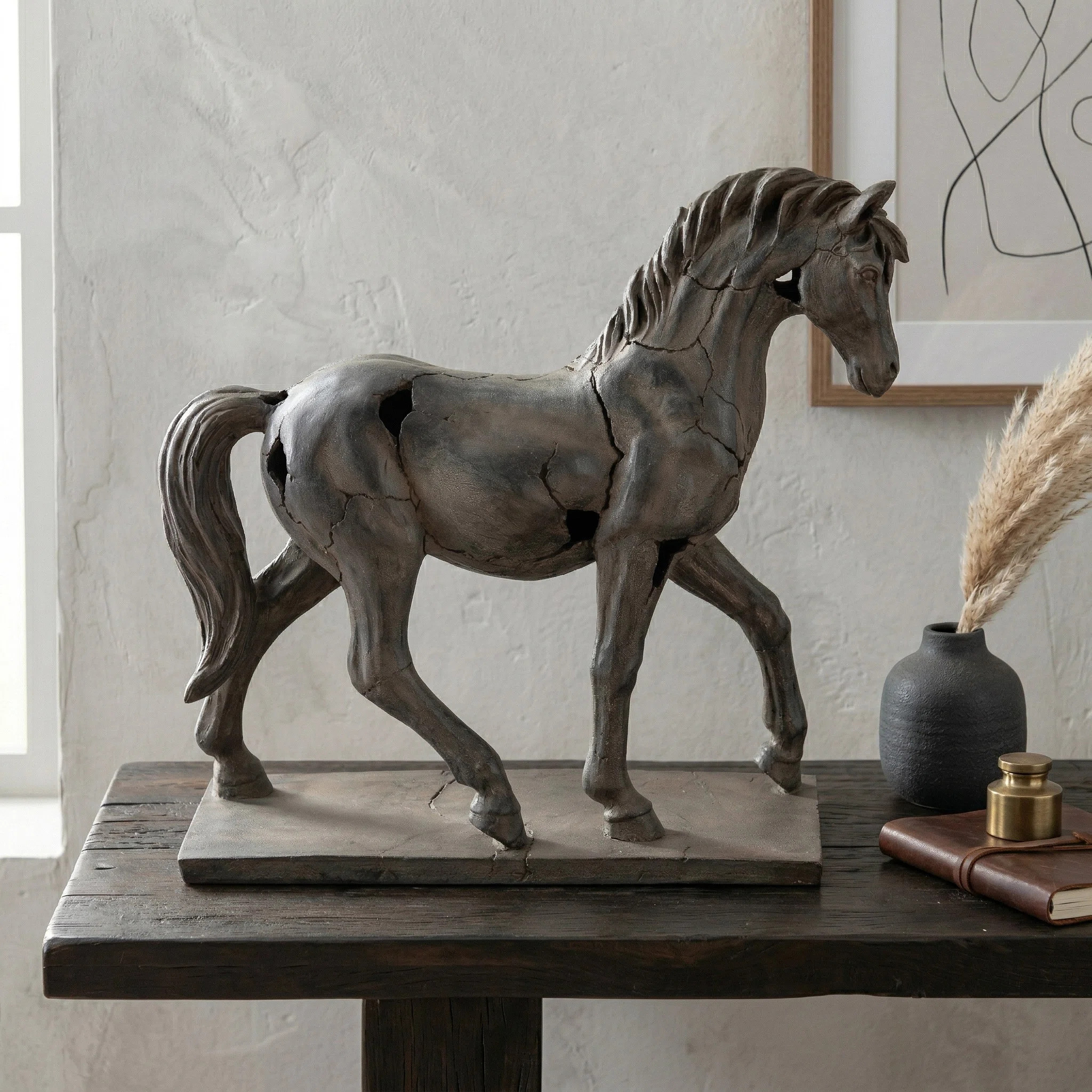 Cracked Horse Sculpture Contemporary Rustic Western Decorative Home Art Display on Stand | Wayfair North America