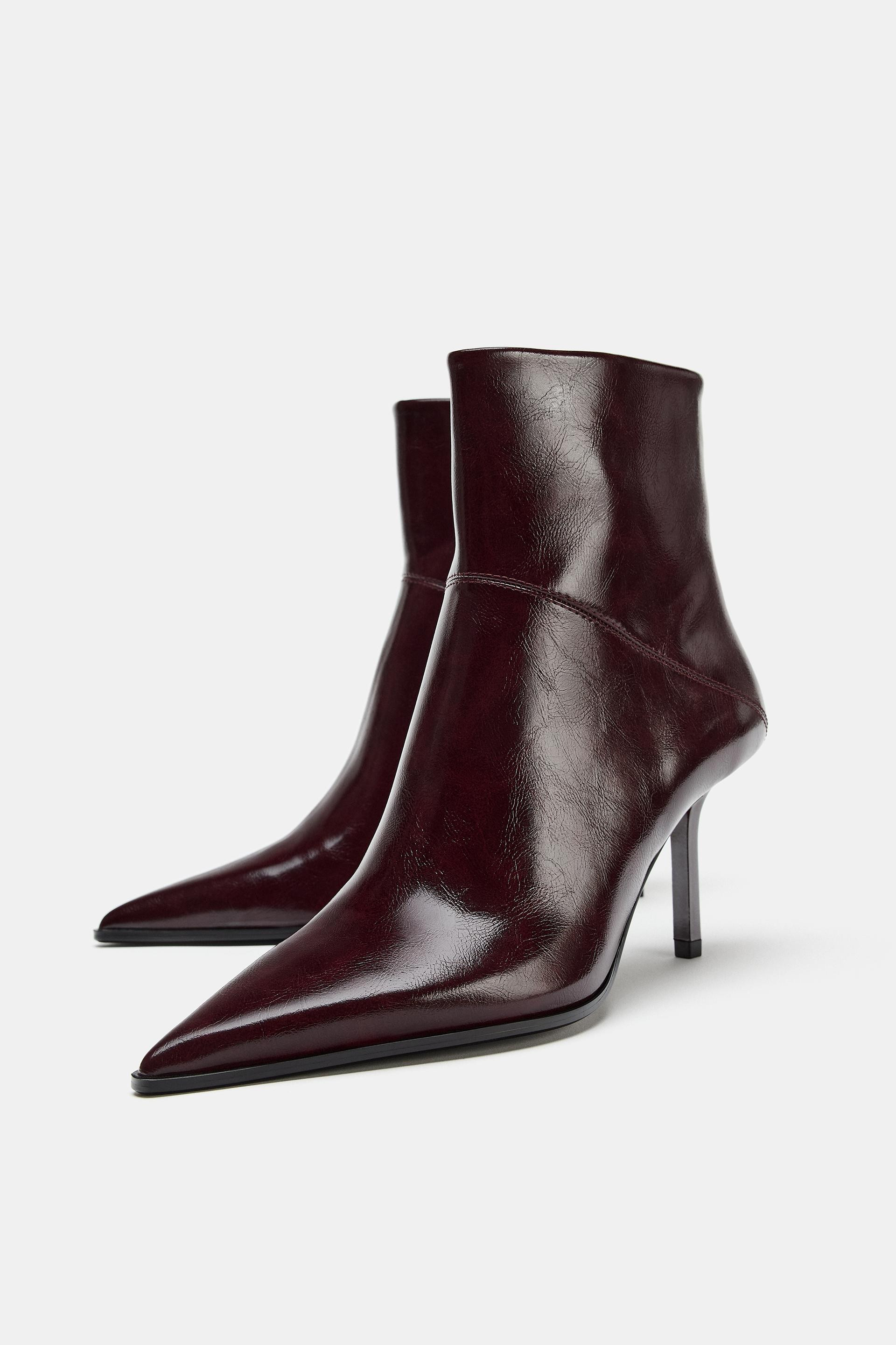 Zara - Patent Heeled Booties - Burgundy Red - 8 - Woman | Zara US