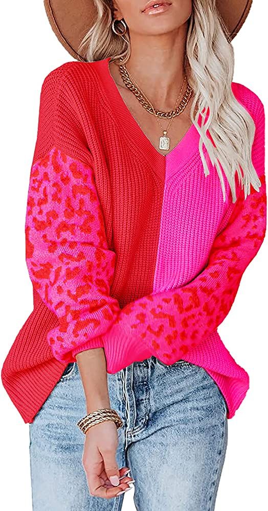 ANCAPELION Women’s V Neck Sweater Pullover Leopard Long Sleeve Basic Color Block Jumper Casual ... | Amazon (US)