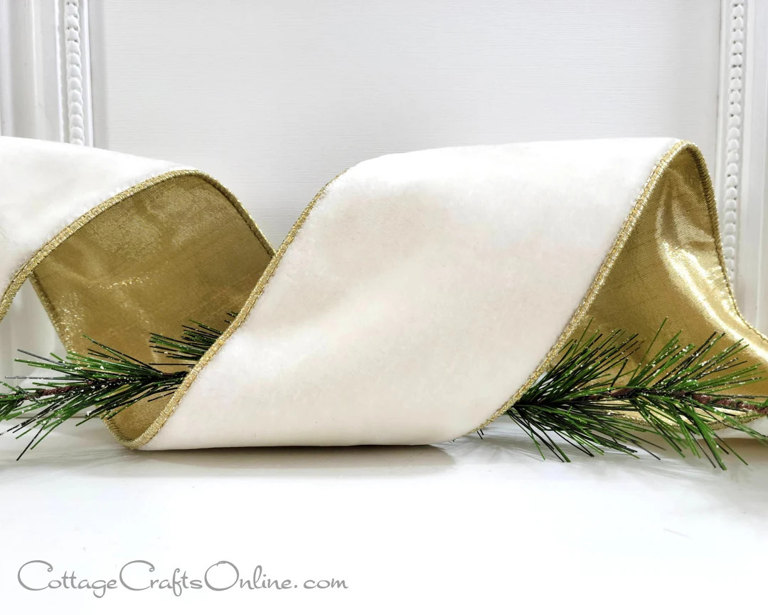 d. Stevens Wired Ribbon, 4" Warm White Ivory Velvet, Gold Metallic Back - TEN YARD ROLL ~ Lush Velve | Etsy (US)