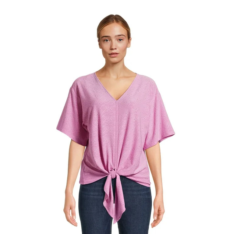 The Pioneer Woman Tie Front V-Neck Top with Short Sleeves, Women's, Sizes XS-3X | Walmart (US)