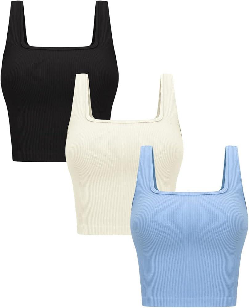 OLCHEE Womens 3 Pack Crop Tank Tops Basic Seamless Ribbed Sleeveless Square Neck Workout Top Summ... | Amazon (US)
