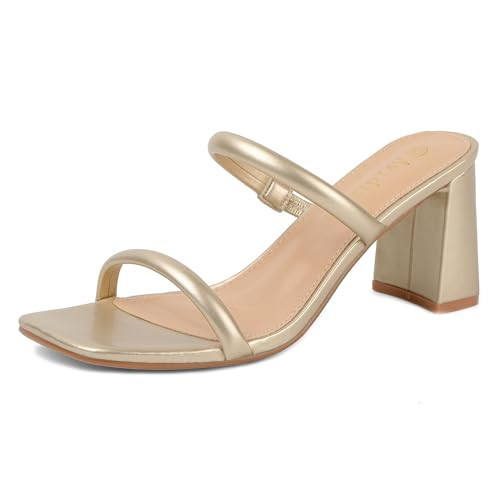 Avidirk Women's Square Open Toe Heeled Sandals Two Strap Mules Slip On Block Chunky Mid Gold Heels Sandals | Amazon (US)