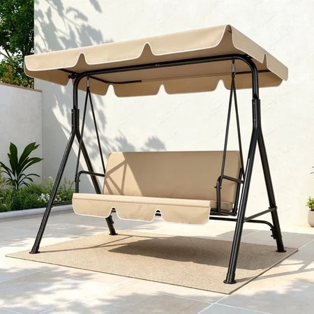 VIVOHOME 3 Seat Porch Swing Chair with Converting Canopy&Removable Cushion, Cushioned Steel Frame Porch Canopy Swing Chair, Swing Glider Hammock for Patio, Garden, Beige | Walmart (US)