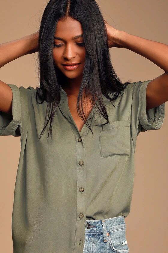 Blythe Olive Green Short Sleeve Button-Up Top | Lulus (US)