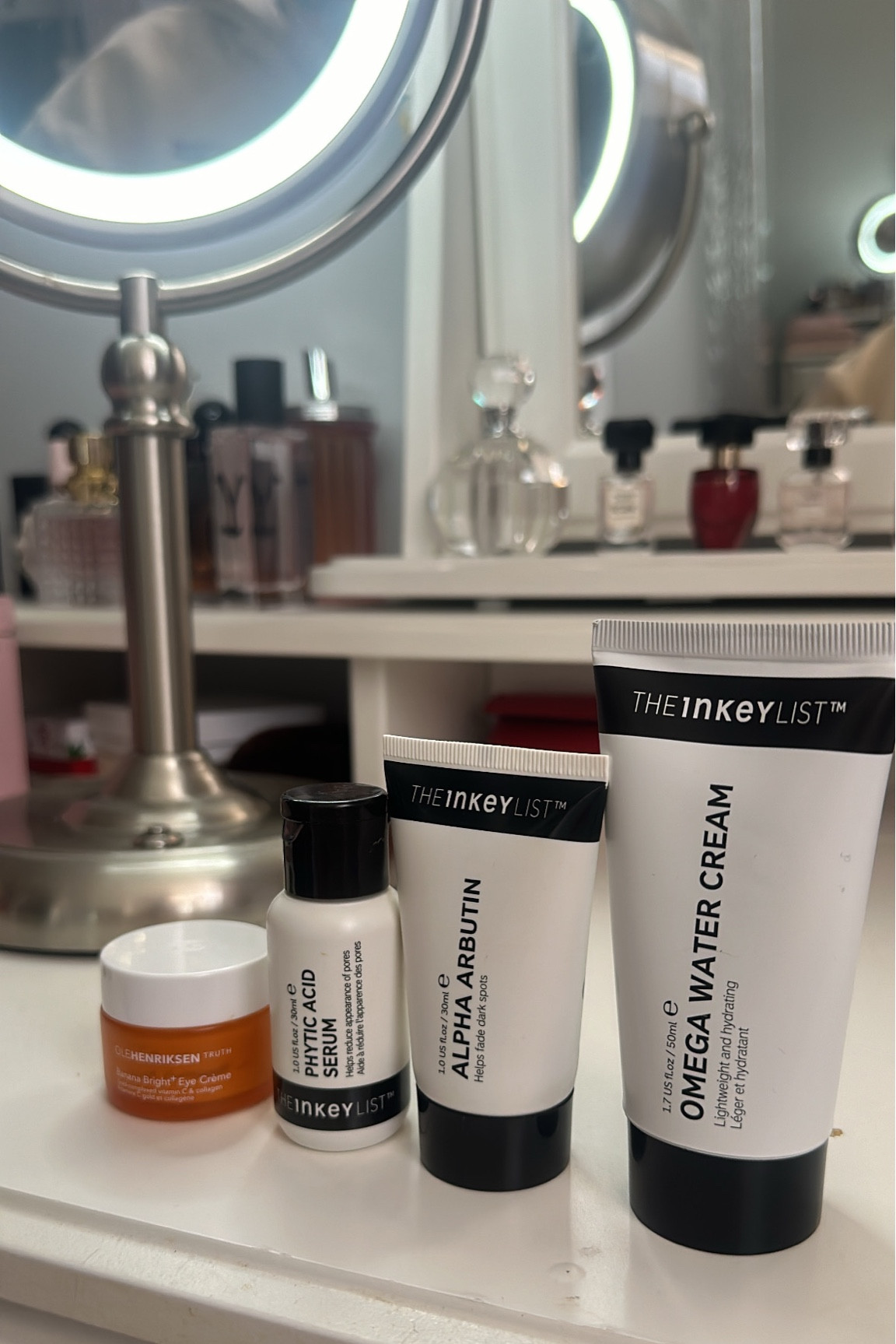 Skincare, skincare lineup, the inky list, olehenrikson, banana bright eye cream, pore serum, dark spot serum, hydrating cream, beauty, self care, self love, skincare products, that girl aesthetic, clean girl aesthetic