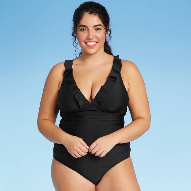 Women's Long Torso Ruffle Over the Shoulder High Coverage One Piece Swimsuit - Kona Sol™ Black | Target