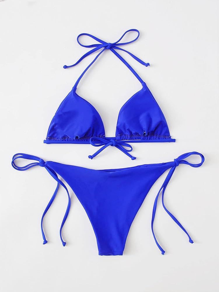 SheIn Women's Swimsuit Halter Triangle Bra with Tie Side Panty Bikini Set Beach Wear | Amazon (US)