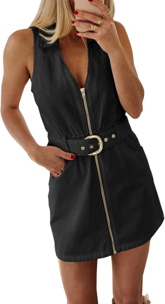 Fisoew Womens Summer Mini Dress Zip Up V Neck Collared Belted Sleeveless Cowgirl Tank Dresses | Amazon (US)