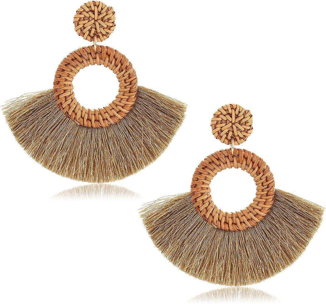Rattan Earrings For Women Bohemia Fan Tassel Earrings Handmade Weave Straw Wicker Drop Hoop Earri... | Amazon (US)