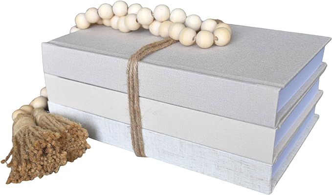 Kigan Home Linen Decorative Books, Set of 3 (Beige Tones) - Neutral Fabric Books with Wooden Bead... | Amazon (US)