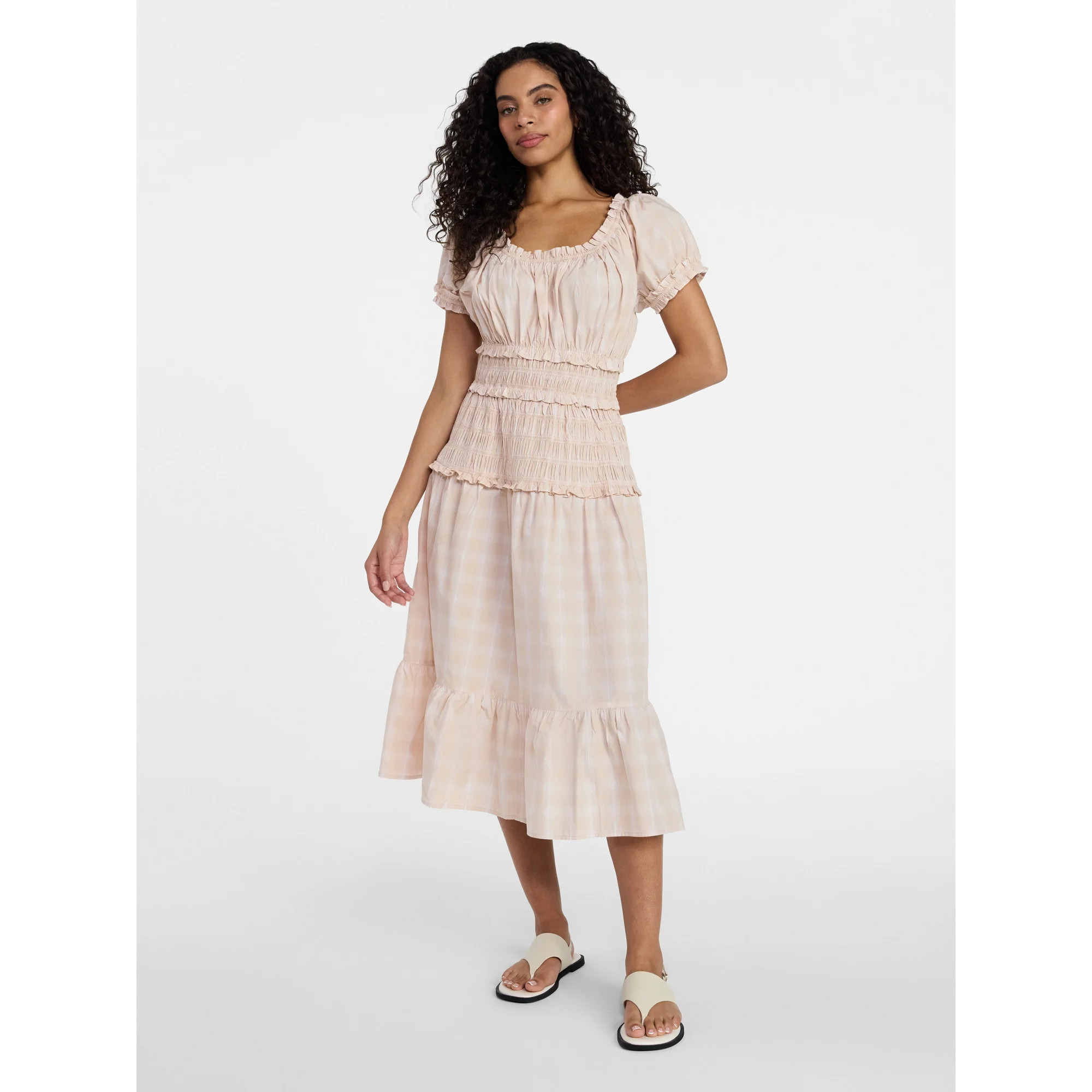 Time and Tru Women's Smocked Cotton Peasant Dress with Short Sleeves, Sizes XS-XXXL | Walmart (US)