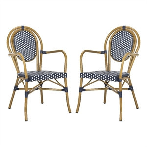 Safavieh Rosen Wicker / Rattan Outdoor Arm Chairs in Navy and White (Set of 2) | Homesquare