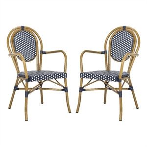 Safavieh Rosen Wicker / Rattan Outdoor Arm Chairs in Navy and White (Set of 2) | Homesquare