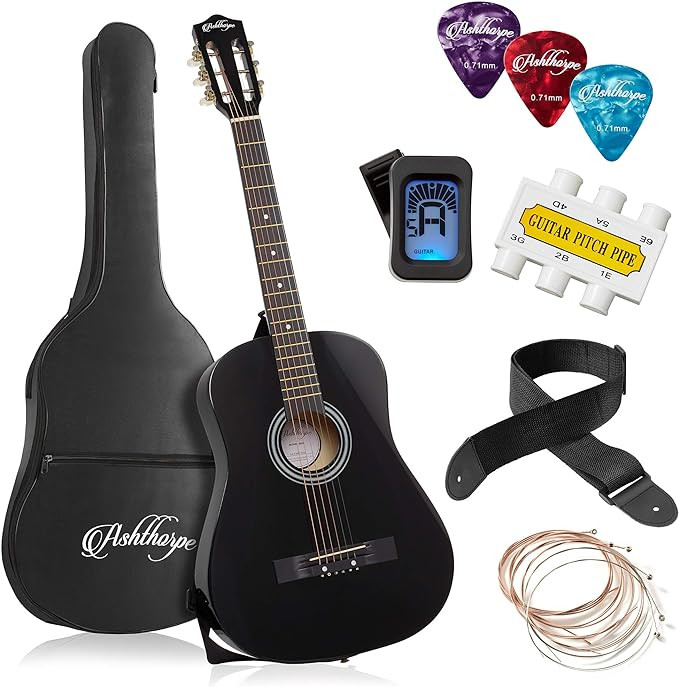 Ashthorpe 38-inch Beginner Acoustic Guitar Package (Black), Basic Starter Kit w/Gig Bag, Strings,... | Amazon (US)