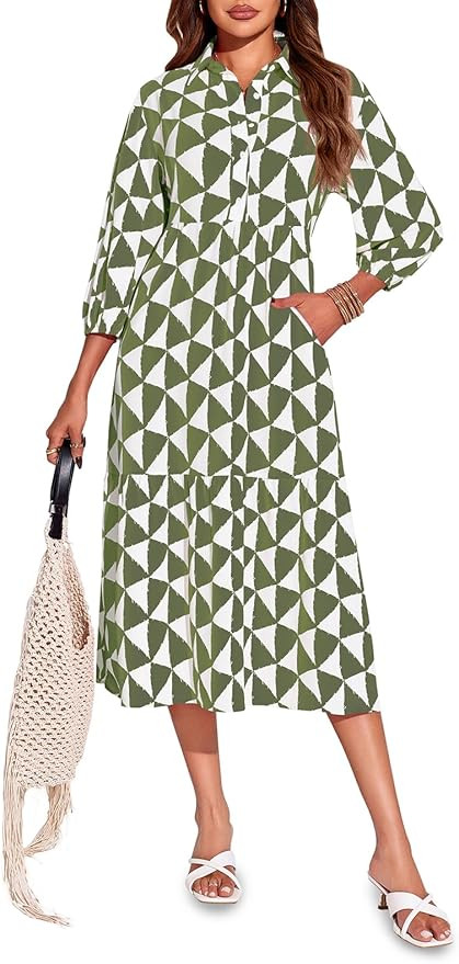 Wenrine Womens Boho Midi Dress Long Sleeve Casual Color Block Beach Button Down Shirt Dress | Amazon (US)