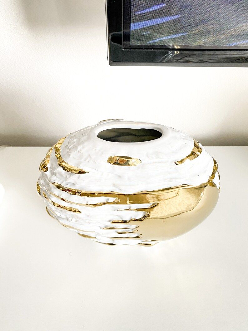 White and Gold Metallic Vase, Gold Orb Vase, Gold Ceramic Vase, Housewarming Gift | Etsy (US)